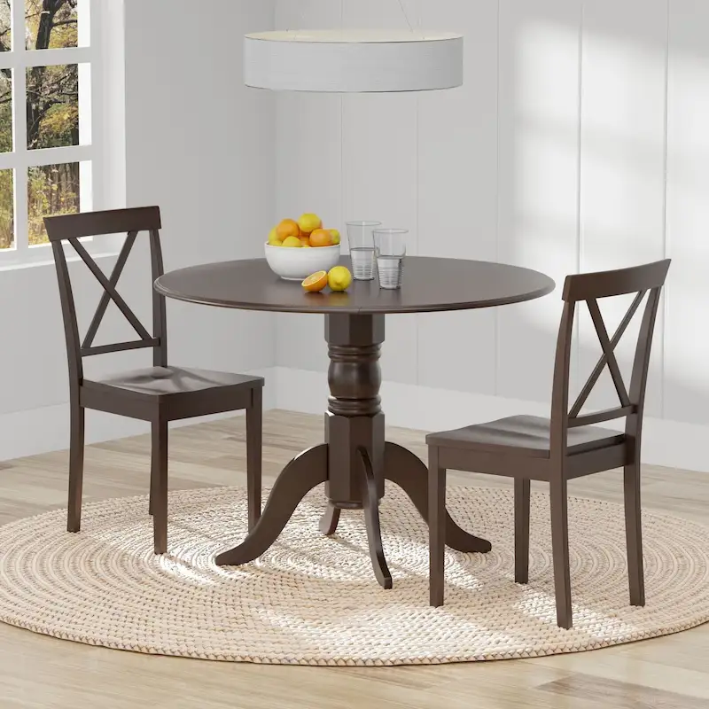 3-Piece Dining Set, 42  Round Drop-Leaf Table and X-Back Chairs