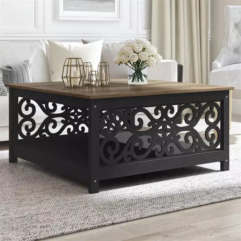 Galano Square Coffee Table with Decorative Cut-Out Panels and Lower Shelf 34.9 W x 34.9 D x 17.1 H