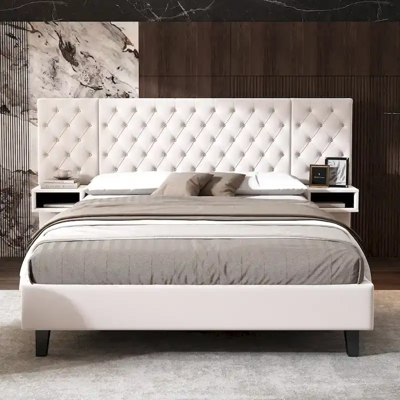 Velvet Upholstered Bed Frame Queen Size Button Tufted Bed