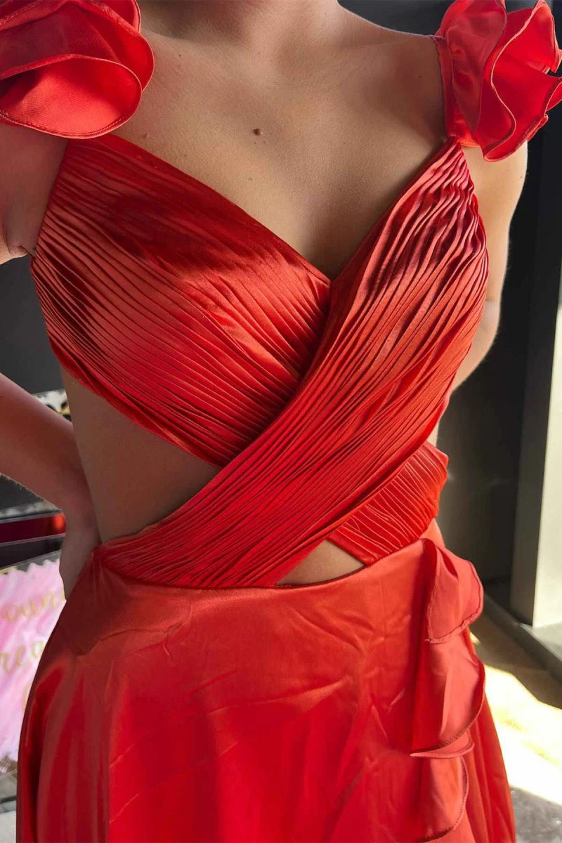 Red Cutout Ruffle A-Line Long Prom Dress with Slit