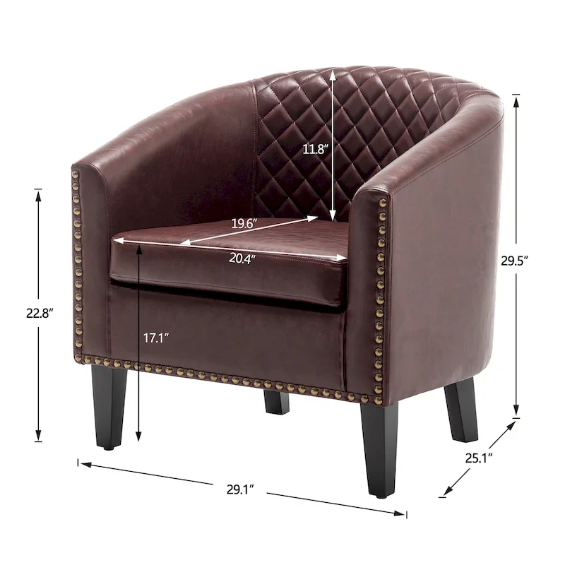 KINWELL PU Leather Tufted Barrel Chair Club Armchair with Nailheads