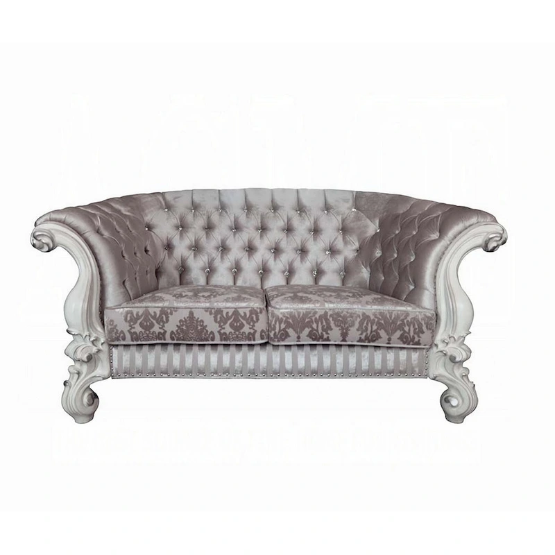 Kai Loveseat, 5 Pillows, Tufted Ivory Fabric, Scrolled, White, 76 Inch