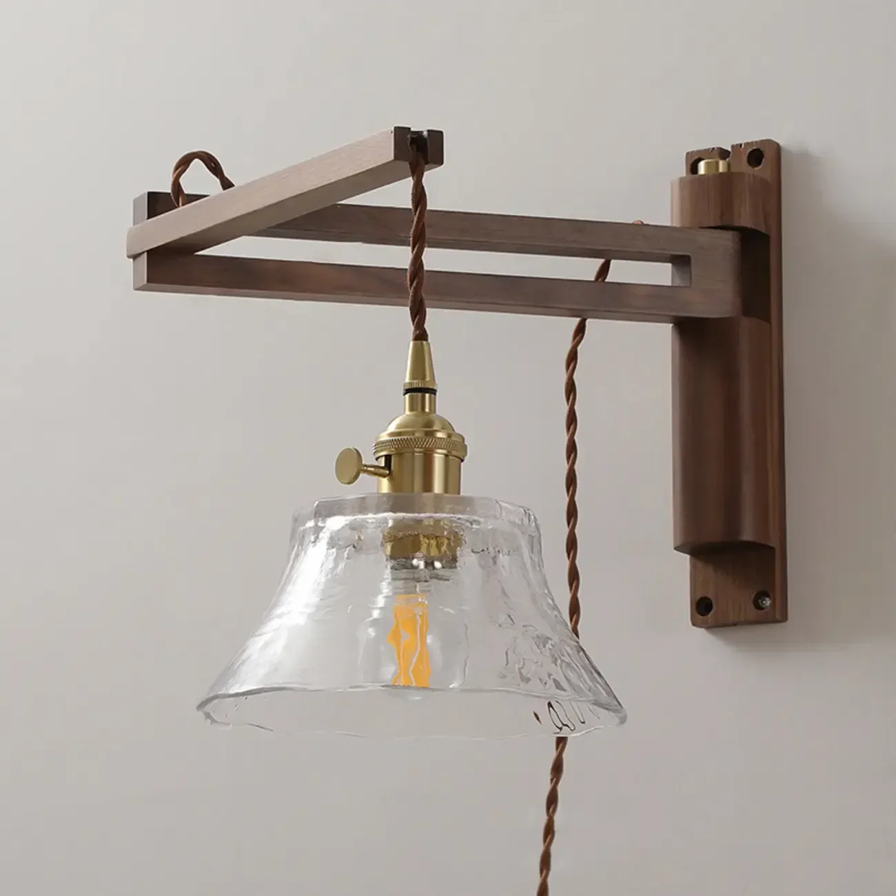 Vintage Wood Natural Plug-In Swing Arm Wall Light