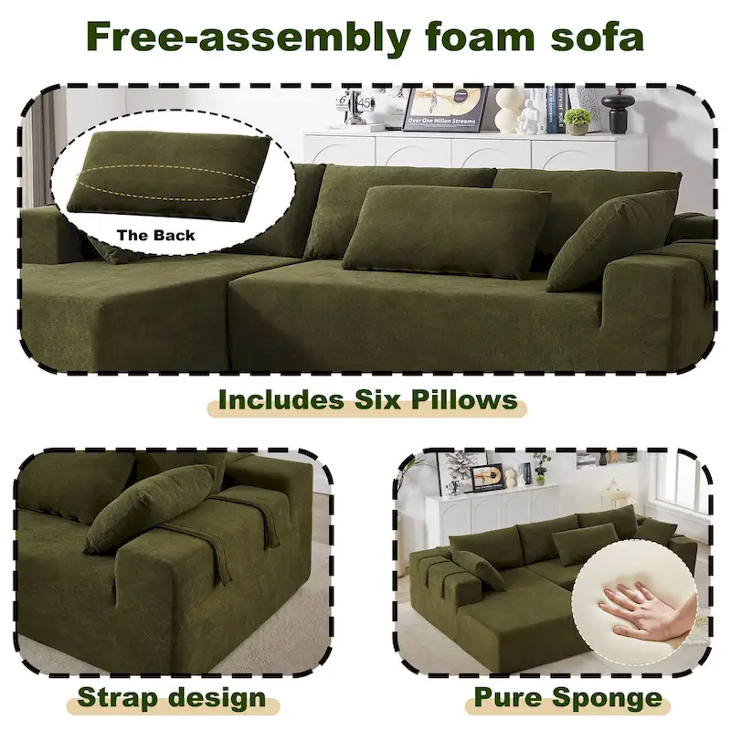 108 Chenille Modular L-Shaped Sectional Sofa with 6 Pillows, Reversible Chaise