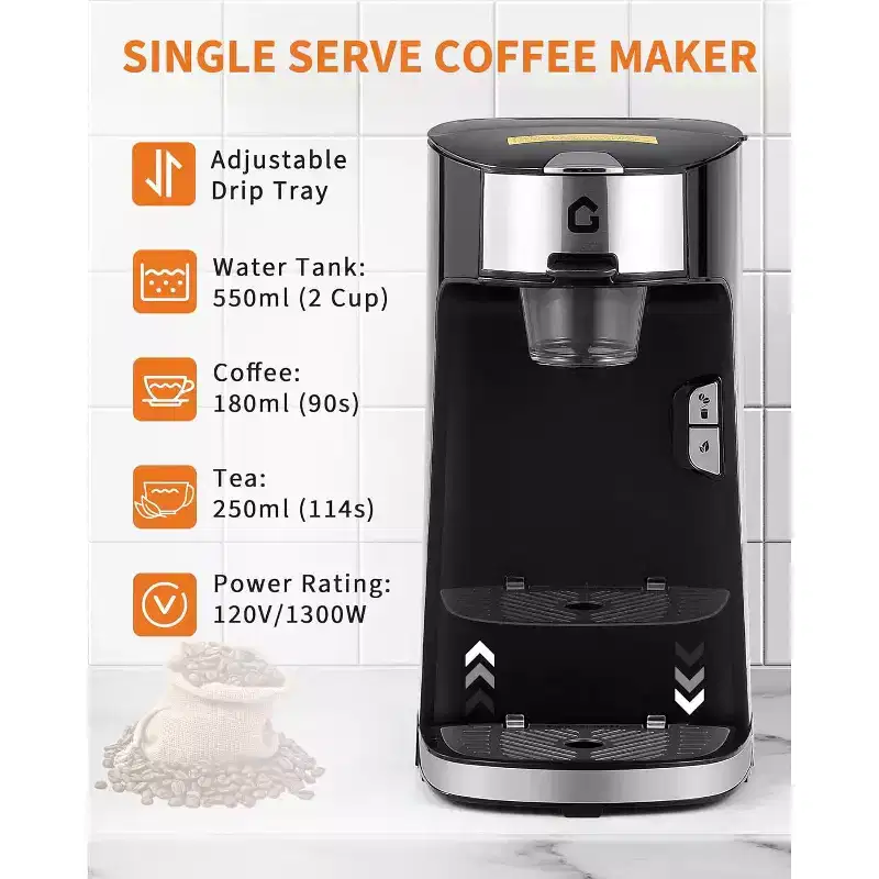 Single Serve Coffee Maker, Auto Shut Off, Adjustable Tray, One-Button Fast Brew, 18.6 Oz Water Tank for Capsule, Ground  Tea, for Home, Office