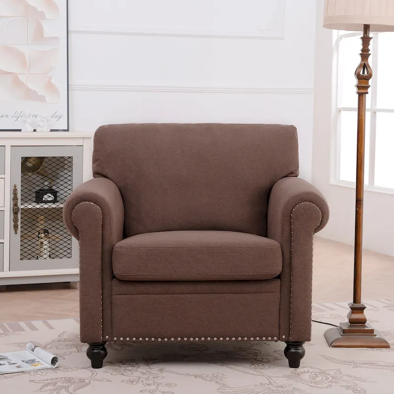 Brown Roll Arm Accent Chair with Nailheads, Single Seat