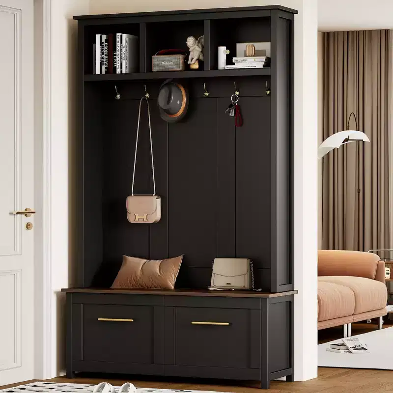 Whisen Versatile 4-in-1 Hall Tree with 6 Golden Hooks, Wood Grain Bench with Multiple Storage Space