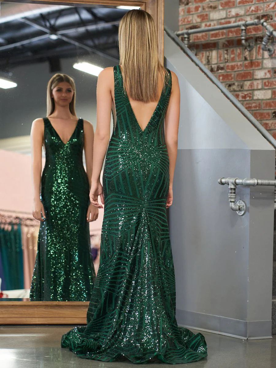 Red Mermaid Deep V Neck Sequins Prom Dress