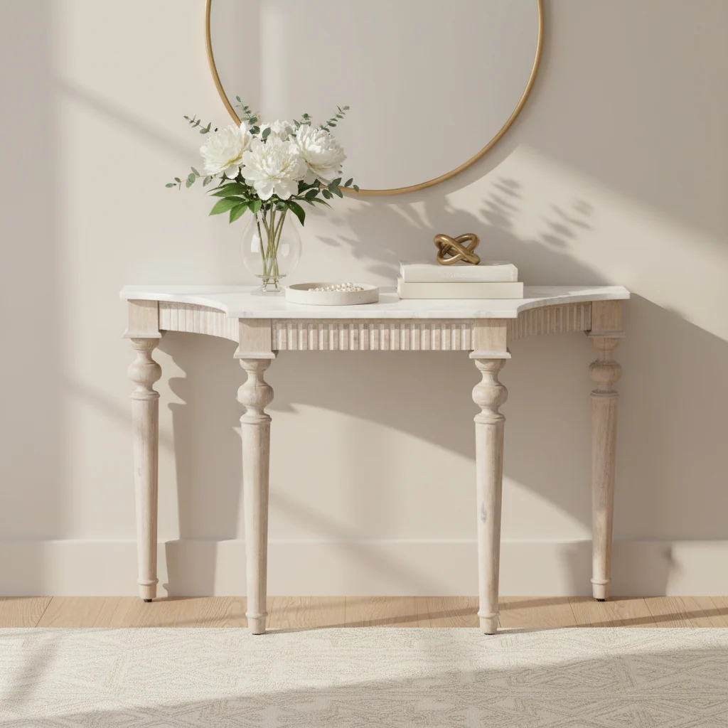 Marble-Top Console Table - Mango Wood Base (White)