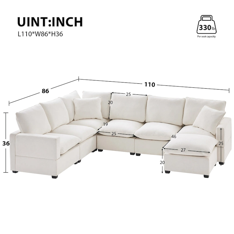 U Shape Modular Sofa, 7 Seat Chenille Sectional Upholstered Couch Set