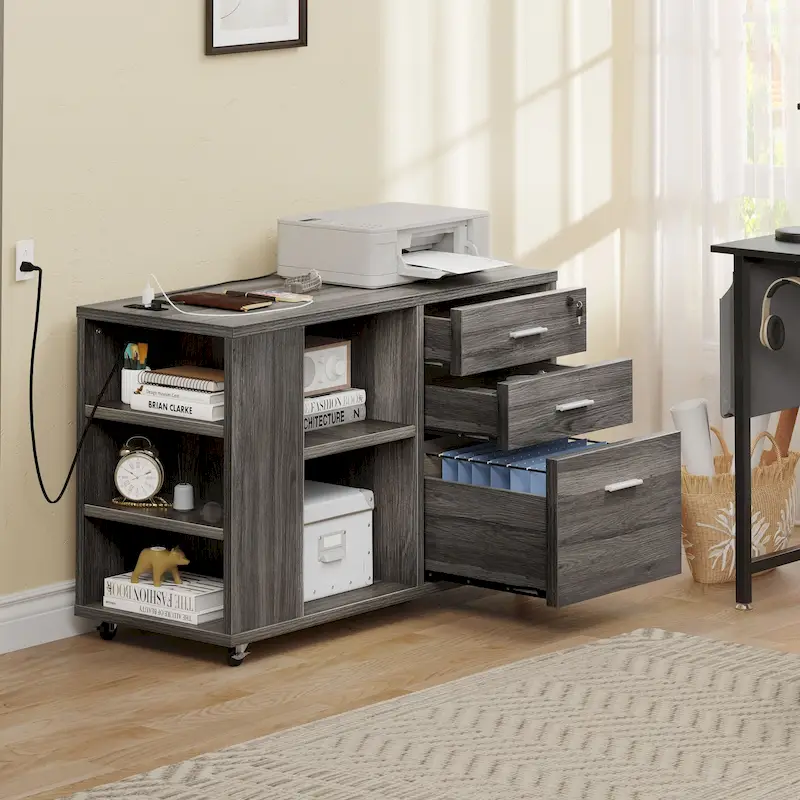 Brown Mobile Wood Lateral File Cabinet with Charging Station & Lock