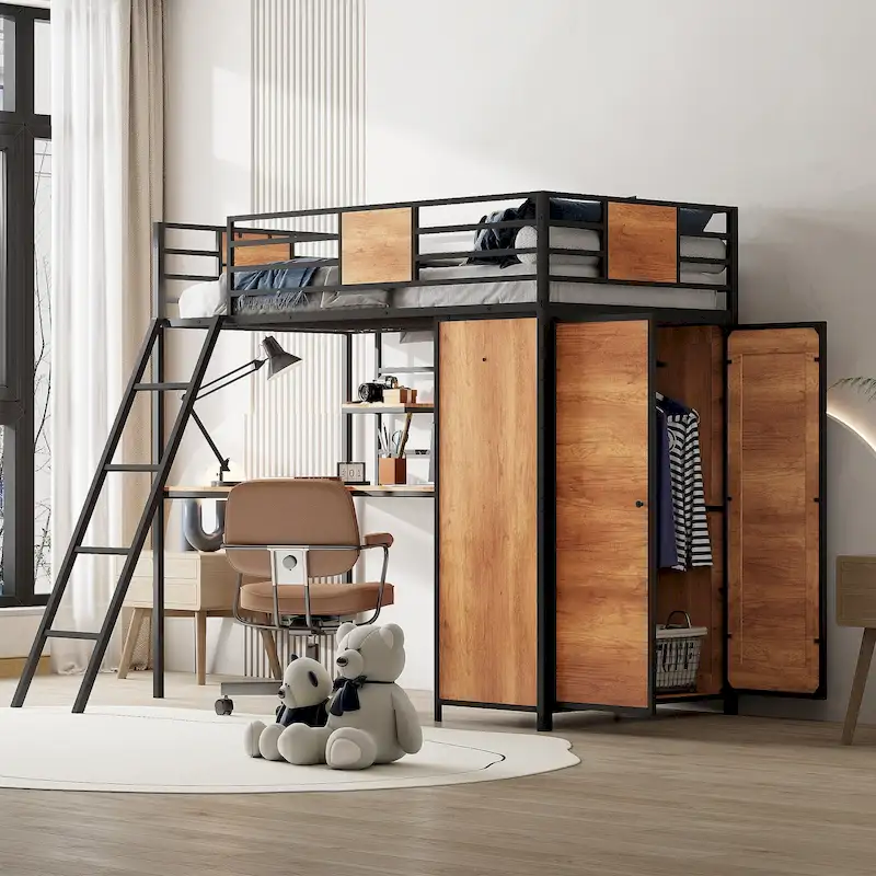 Black / White Twin Loft Bed with L-Shaped Desk, Wardrobe & Ladder – Single