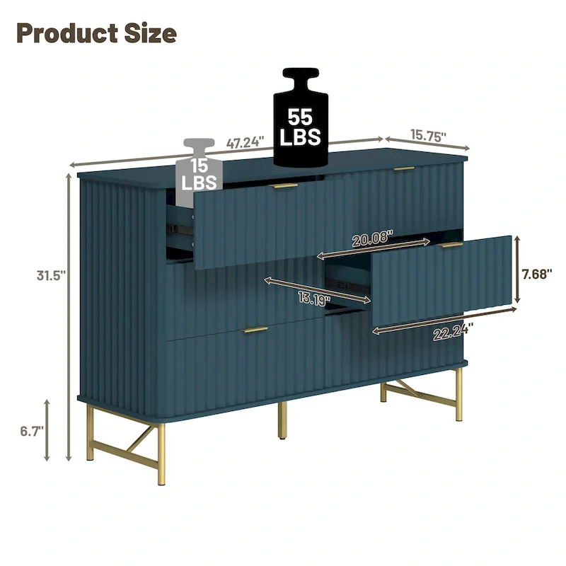 6-Drawer Accent Chest with Gold Handles & Metal Legs – White / Green / Black / Blue, Modern Style