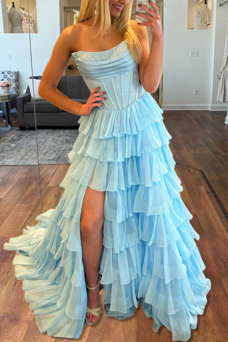 Sky Blue - A Line Strapless Chiffon Beaded Corset Long Prom Dress With Slit