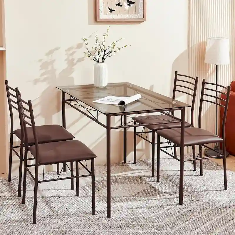 5-pieces Modern Dining Sets,Tempered Glass Table Top and 4 PU Chairs