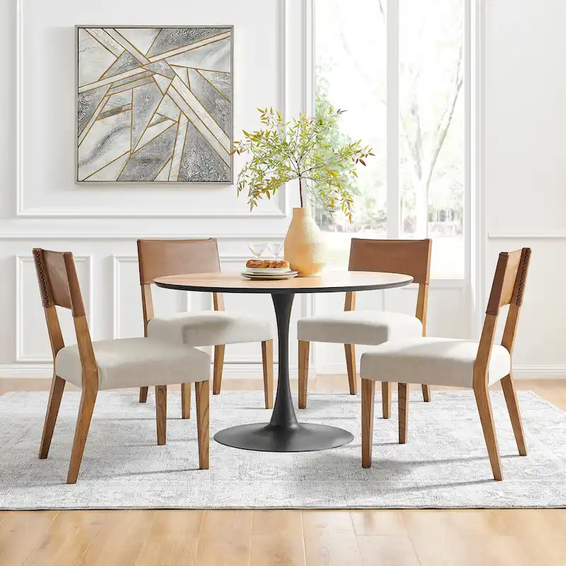 Faux Leather and Linen Dining Side Chair, Set of 2, Solid Wood Legs