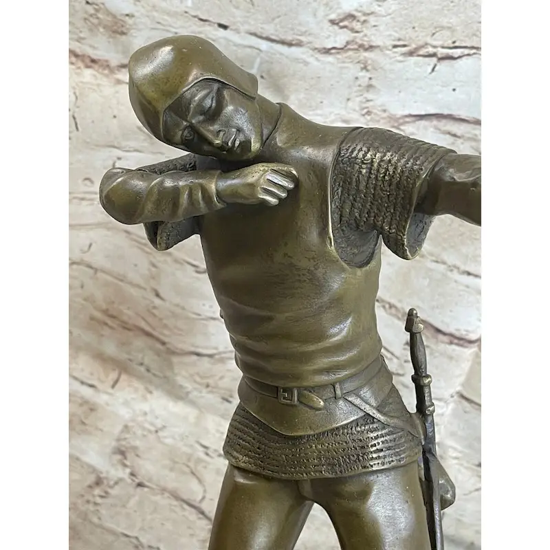 Medieval English British Longbow Bowman Archer Bow Arrow Bronze Statue Sculpture Marble Base