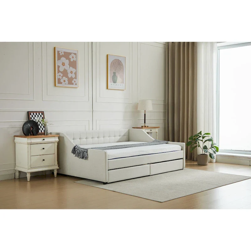 Modern Upholstered Sofa Bed with 2 Drawers and Wooden Frame, Vertical Stripes
