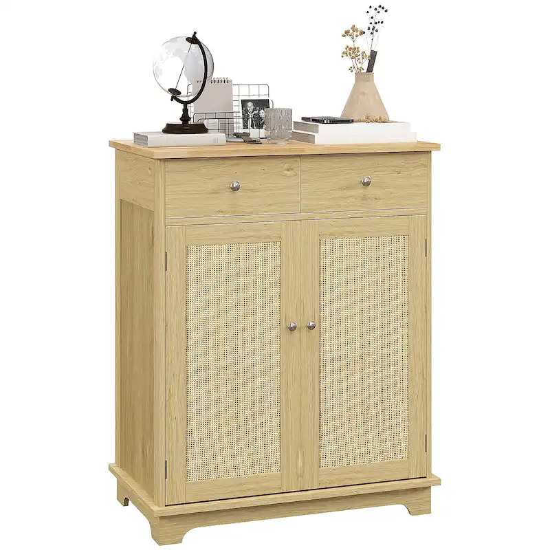 Natural Wood Kitchen Storage Cabinet with 2 Drawers, 2 Doors and Adjustable Shelf