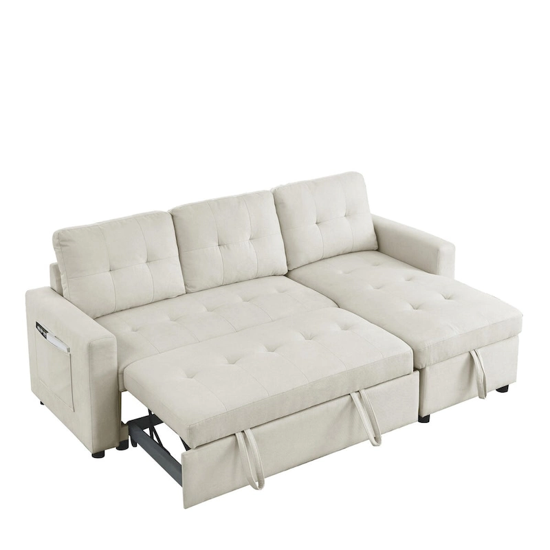 78.5-inch Beige Reversible Sleeper Sectional Sofa with Storage Chaise and Side Storage Bag - 78.5W x 49D x 31H