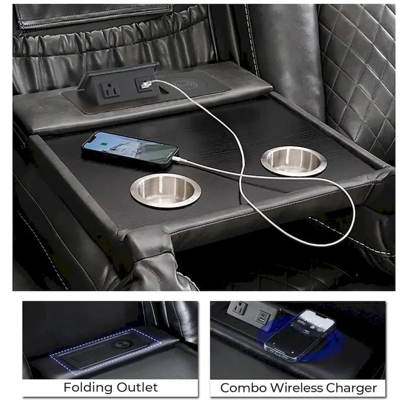 Power Reclining Sofa with Wireless Charger & LED Light – Faux Leather, Black
