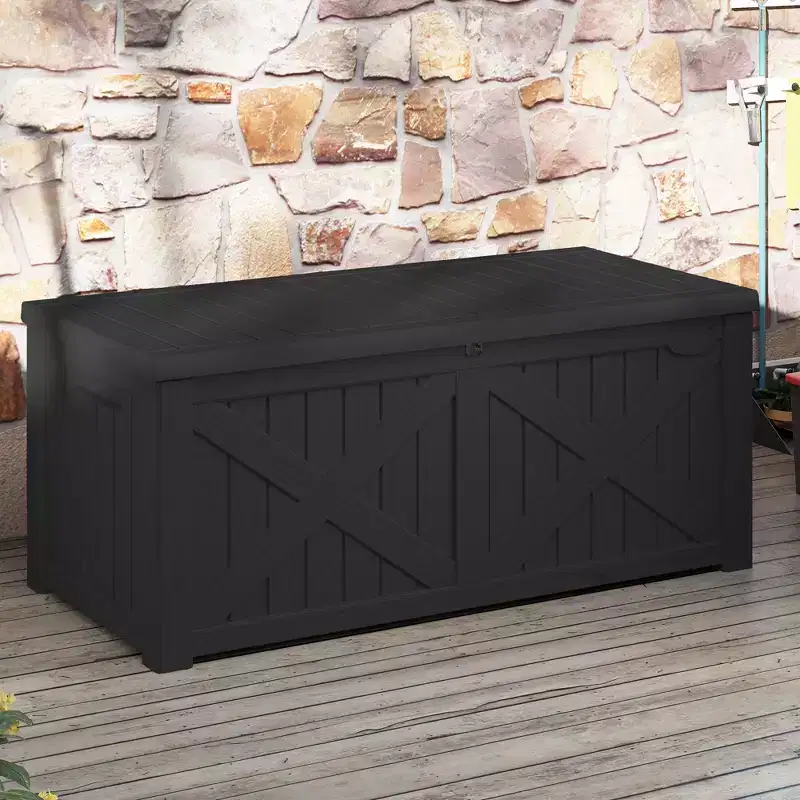 120 Gallon Large Deck Box with X-Shaped Front, Resin Outdoor Storage Boxes, Waterproof Cushion Storage Bench