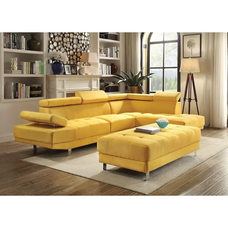 Yellow Contemporary Linen Upholstered Ottoman, 2-Seat