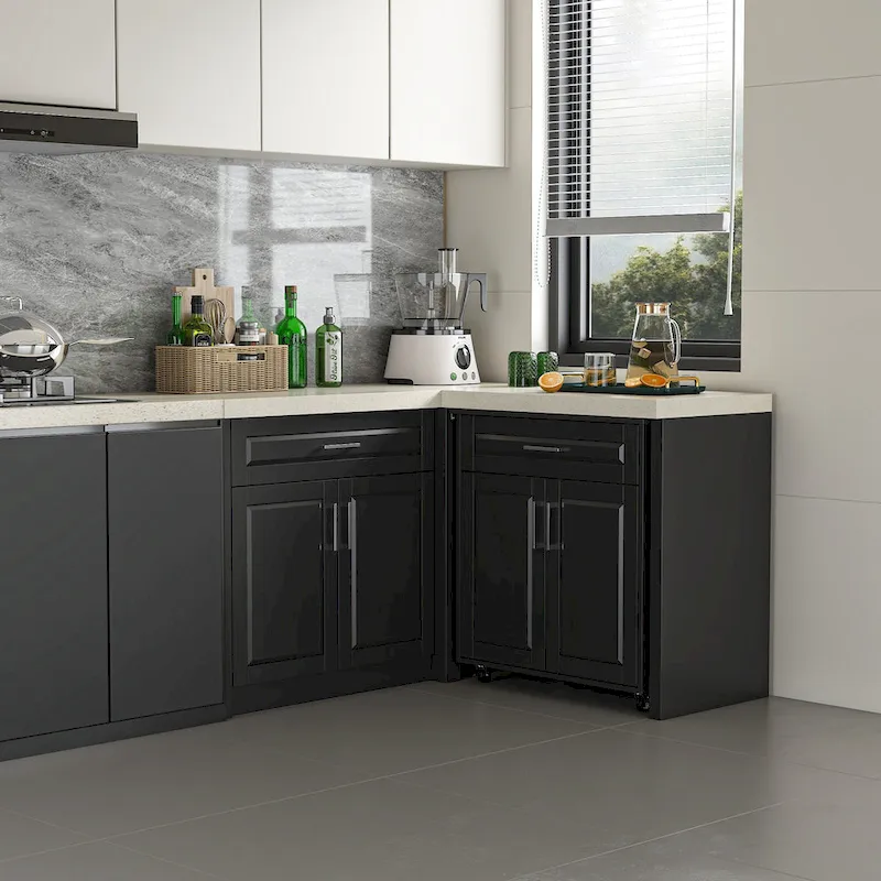 Black L-Shape Corner Kitchen Cabinet with Drawers, Adjustable Shelves & UV Countertop – Single
