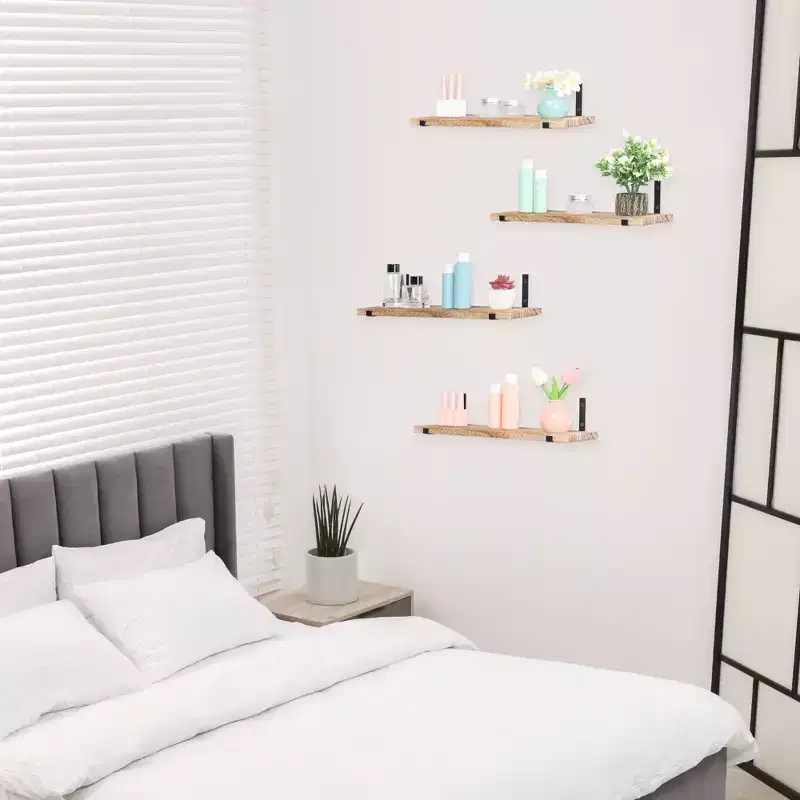 Unique Bargains Bedroom Living Room Bathroom Kitchen Wall Mounted Wood Floating Shelves 4 Pcs