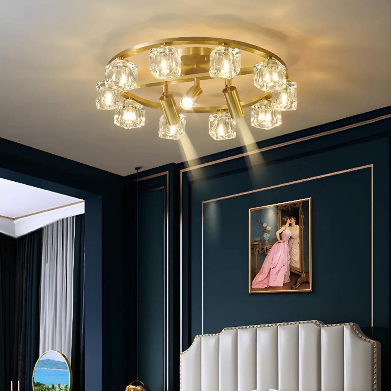 Gold Circle Cube Crystal Semi Flush Ceiling Light with Spotlights