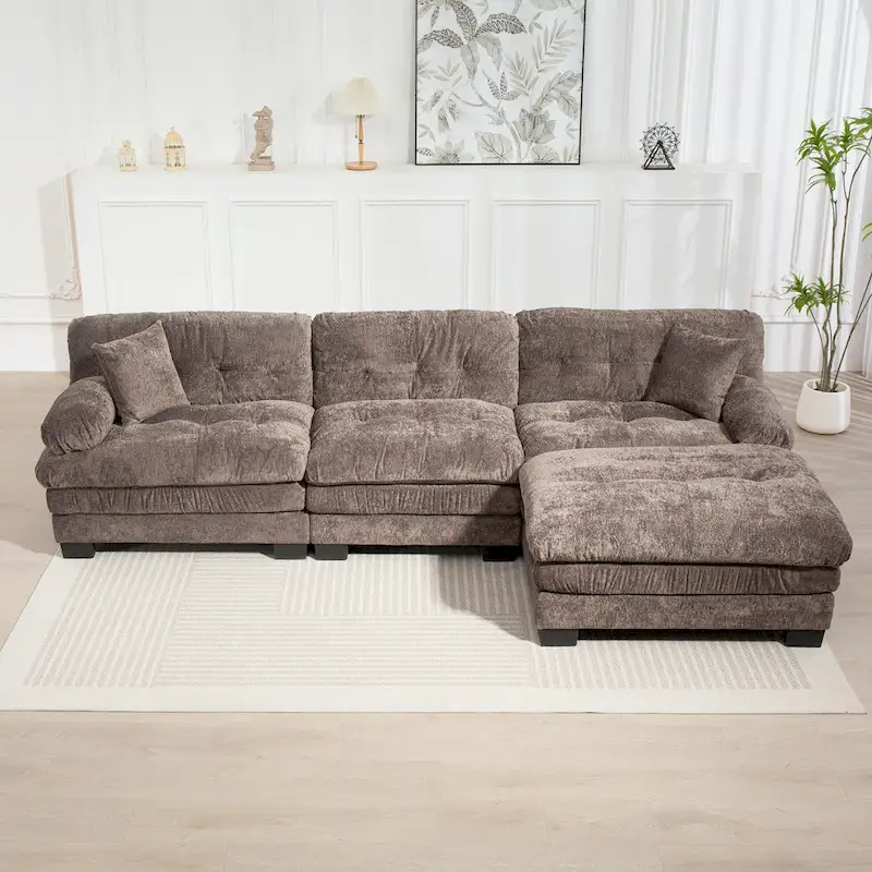 120.87 Chenille L-Shaped Sleeper Sectional Sofa with Ottoman