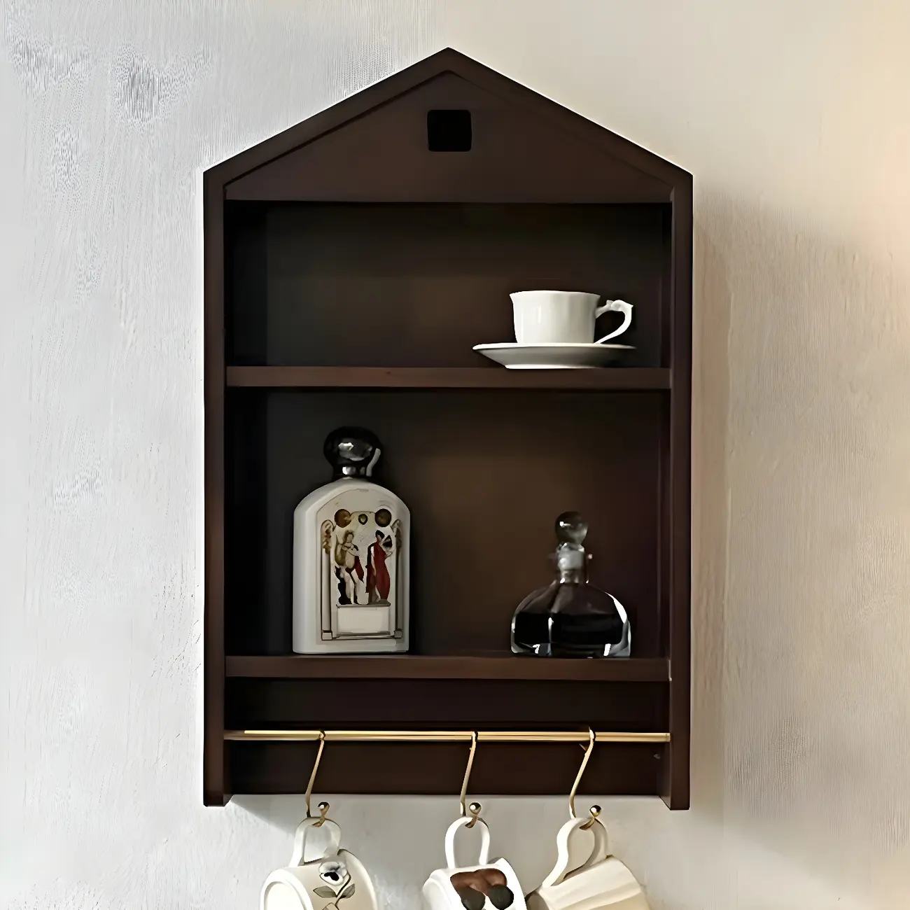 Classicial House-shaped 2 Shelves Floating Wood Display Cabinet