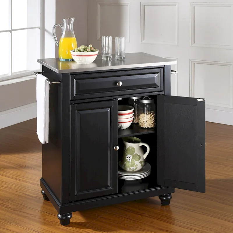 Stainless Steel Top Portable Kitchen Island in Black Finish