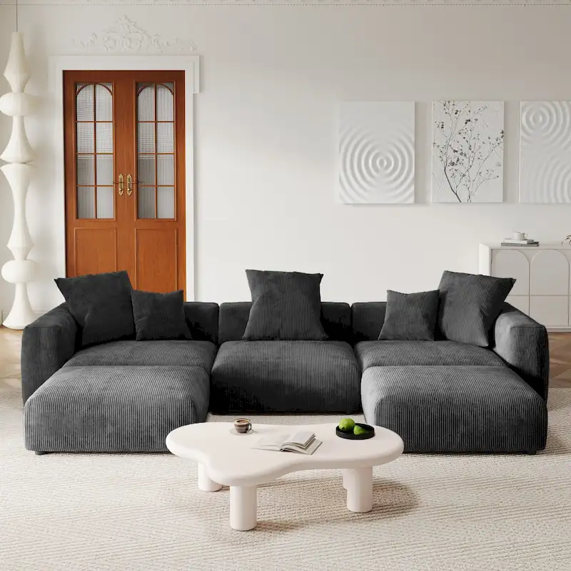 Black / Beige / Light Brown U-Shape Corduroy Modular Sectional Sofa, 5-Seat with 5 Pillows