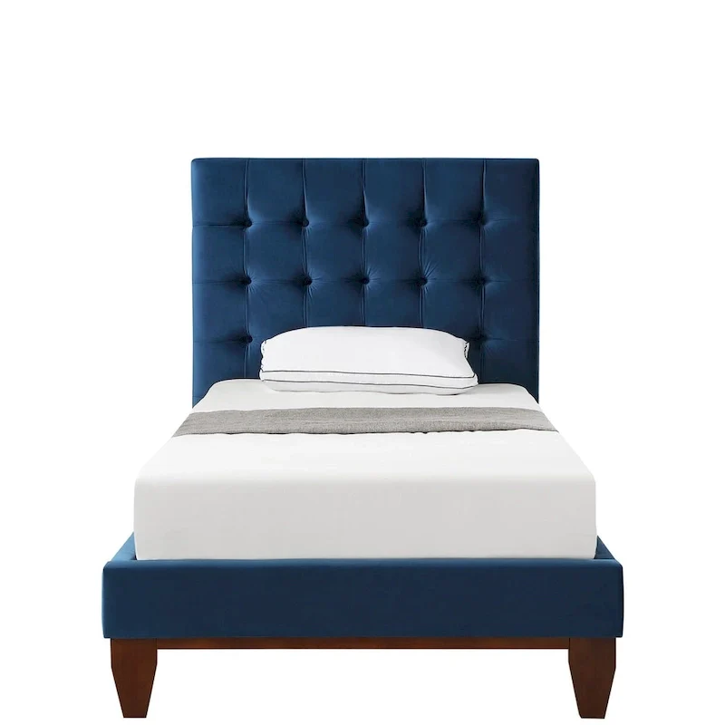 Navy Blue Solid Wood Twin Tufted Upholstered Velvet Bed