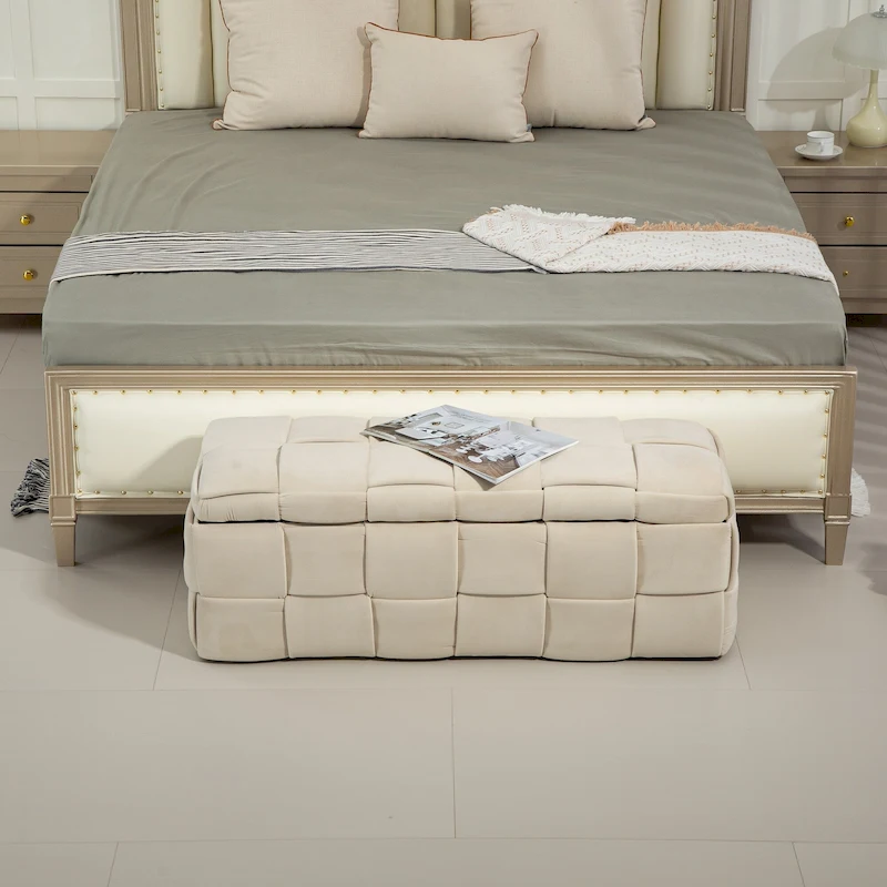 Velvet Upholstered Fabric Storage Ottoman with Safety Hinge, No assembly required