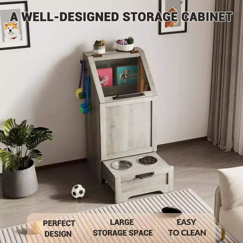 Dog Feeding Station with Raised Bowls & Storage Cabinet, Pet Feeder t for & Watering Supplies, Dog Food Organizer