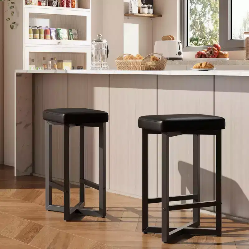 Bar Stools Set of 4, 24.6 Counter Height Backless Barstools, Upholstered PU Leather Seats with Metal X-Frame & Footrest, Modern Kitchen Stools