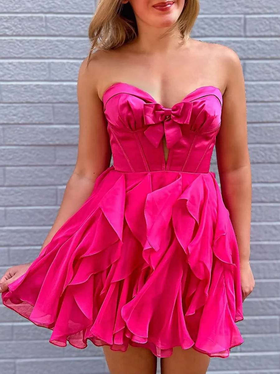 Fuchsia - Strapless A Line Chiffon Ruffled Homecoming Dress With Bow