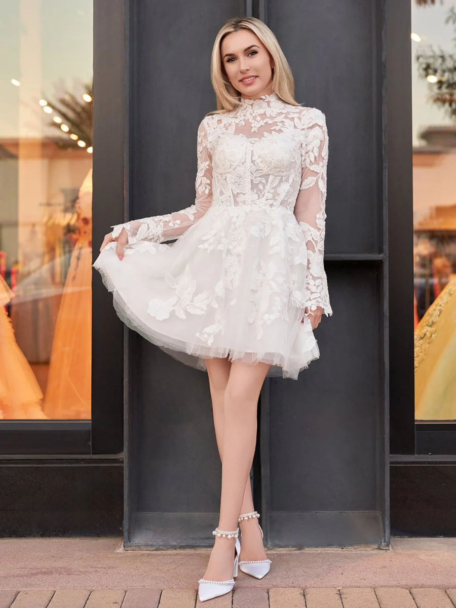 Short White A-Line Illusion Neck Long Sleeves Lace Wedding Dresses