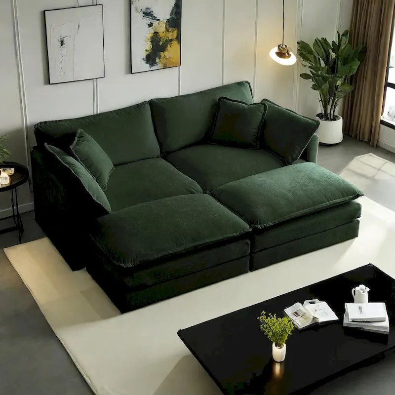 4-Piece Modular Chenille Upholstered Sleeper Sectional Sofa Bed with Ottoman