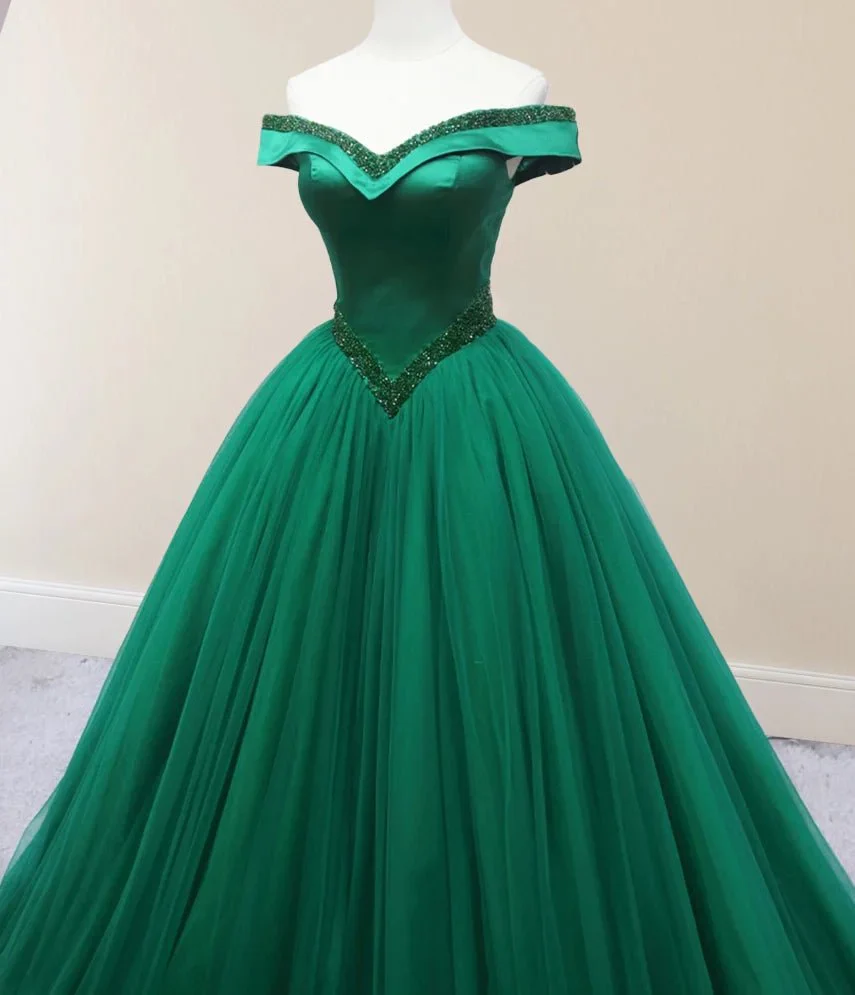 Green Beading Off the Shoulder Sweep-Train Quinceanera Dresses