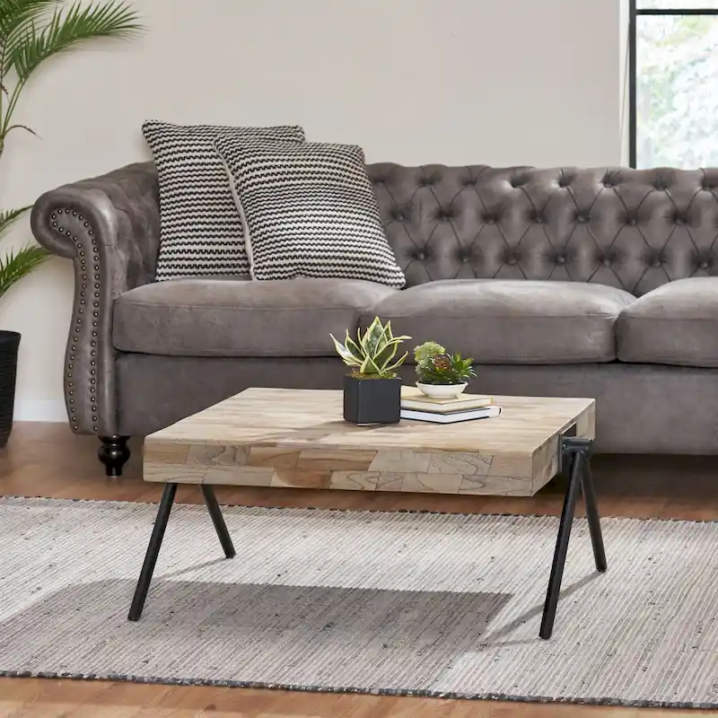Mango Wood Coffee Table with Iron V-Shaped Legs