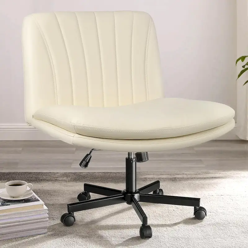 Cross Chair with Wheels,PU Leather Armless Cross Legged Office chair, Adjustable Wide Seat Task Vanity Chair