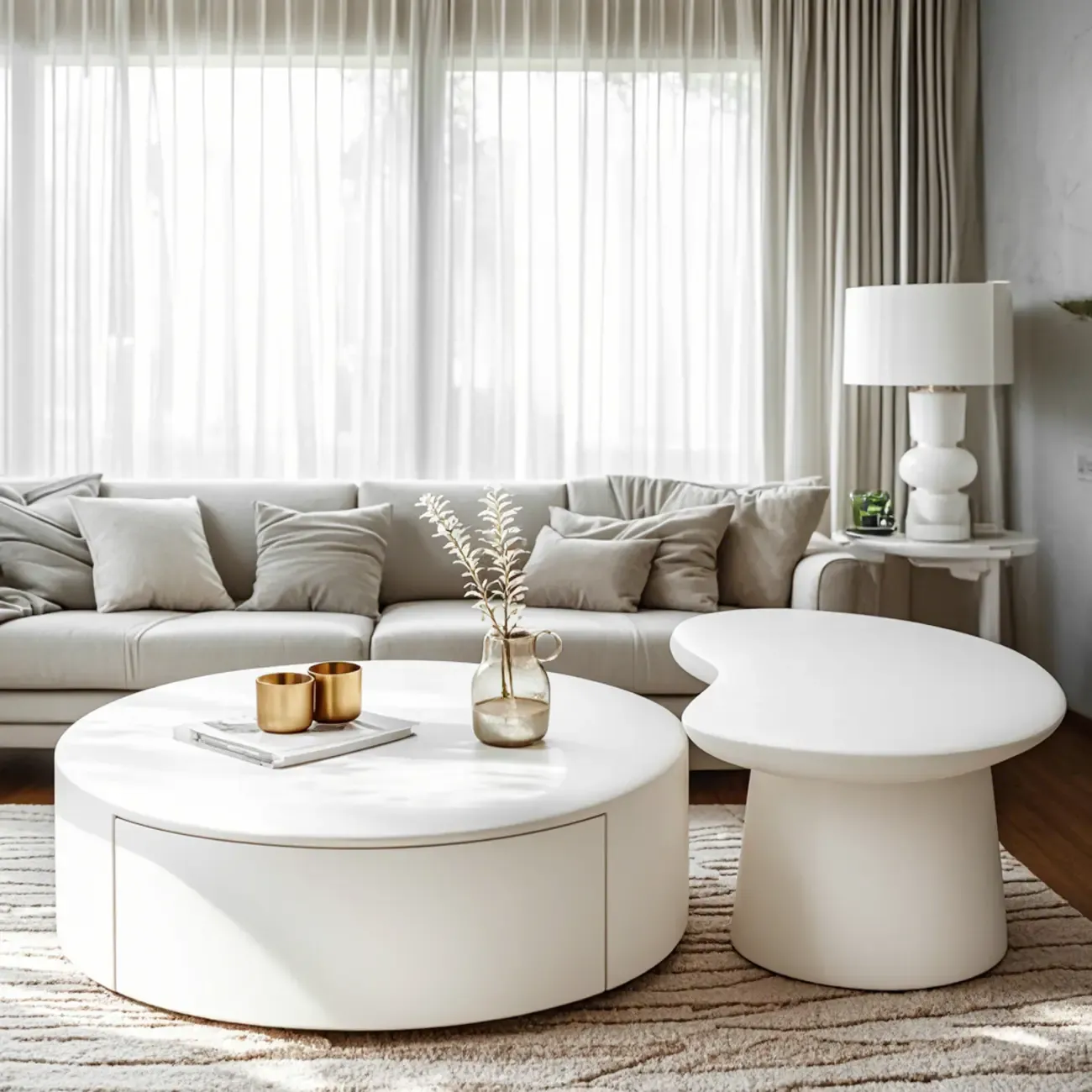 Modern White Round Wooden Coffee Table with Storage