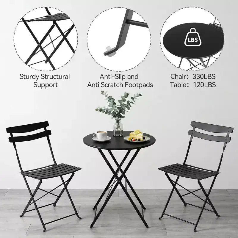 3 Piece Foldable Patio Bistro Set, Metal Round Table and 2 Chairs for Balcony, Porch, Deck or Apartment
