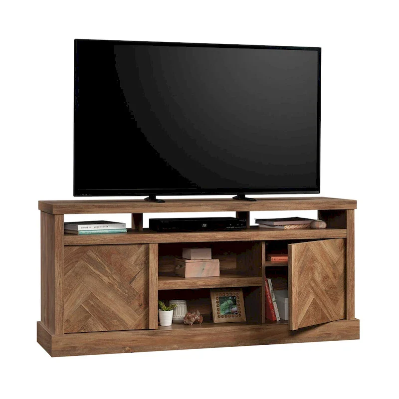 TV Credenza with Herringbone Doors & Adjustable Shelves – Mystic Oak / Sindoori Mango, Modern Style