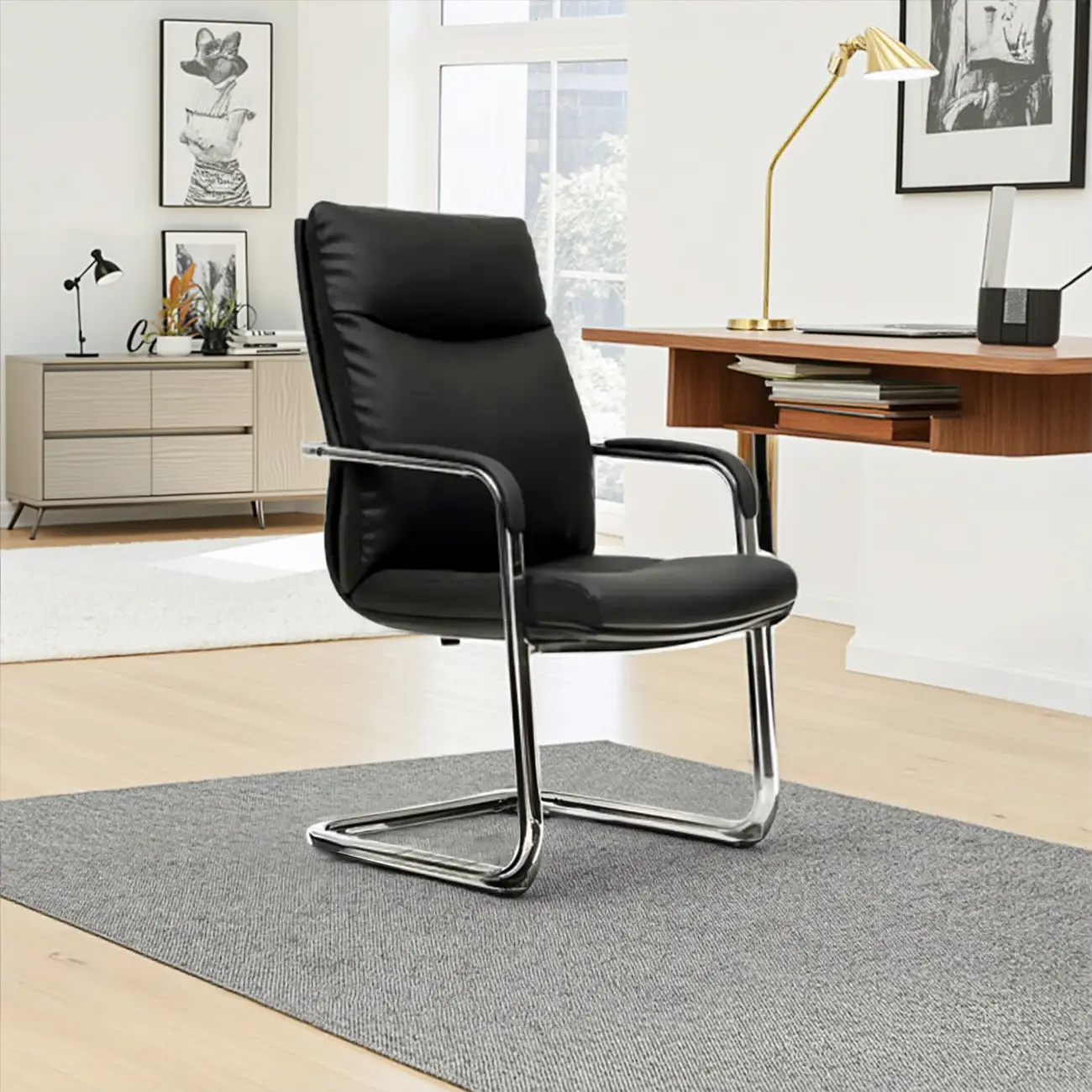Modern Black Leather Upholstered Adjustable Swivel Office Chair