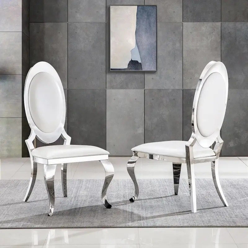 White Faux Leather Dining Chairs, Silver Cabriole Legs, Mid-Century Style, Set of 2