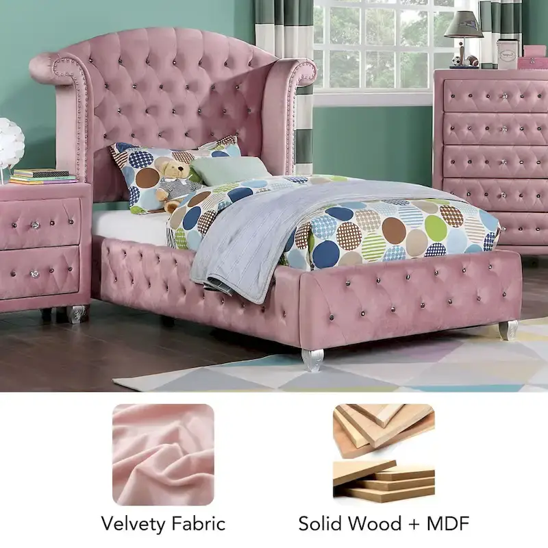 Pink Tufted Wingback Bed with Nailhead Trim